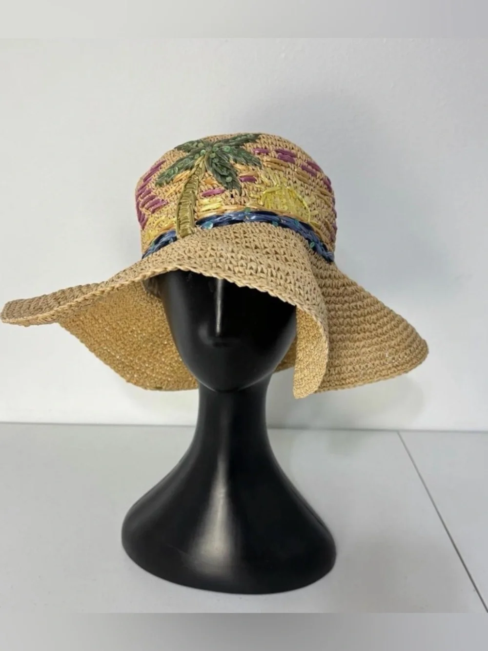 Wide Brim Straw Sun Hat with Colorful Embroidery